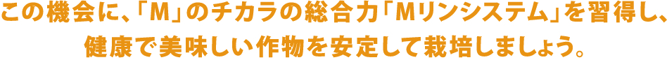 この機会に、「M」のチカラの総合力「Mリンシステム」を習得し、 健康で美味しい作物を安定して栽培しましょう。